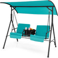 Tangkula 2 Person Porch Swing, Pivot Storage Table, Cooler Bag, 2 Cup Holders, Removable Cushions, Outdoor Patio Swing with Canopy for Backyard Balcony Poolside (Turquoise)