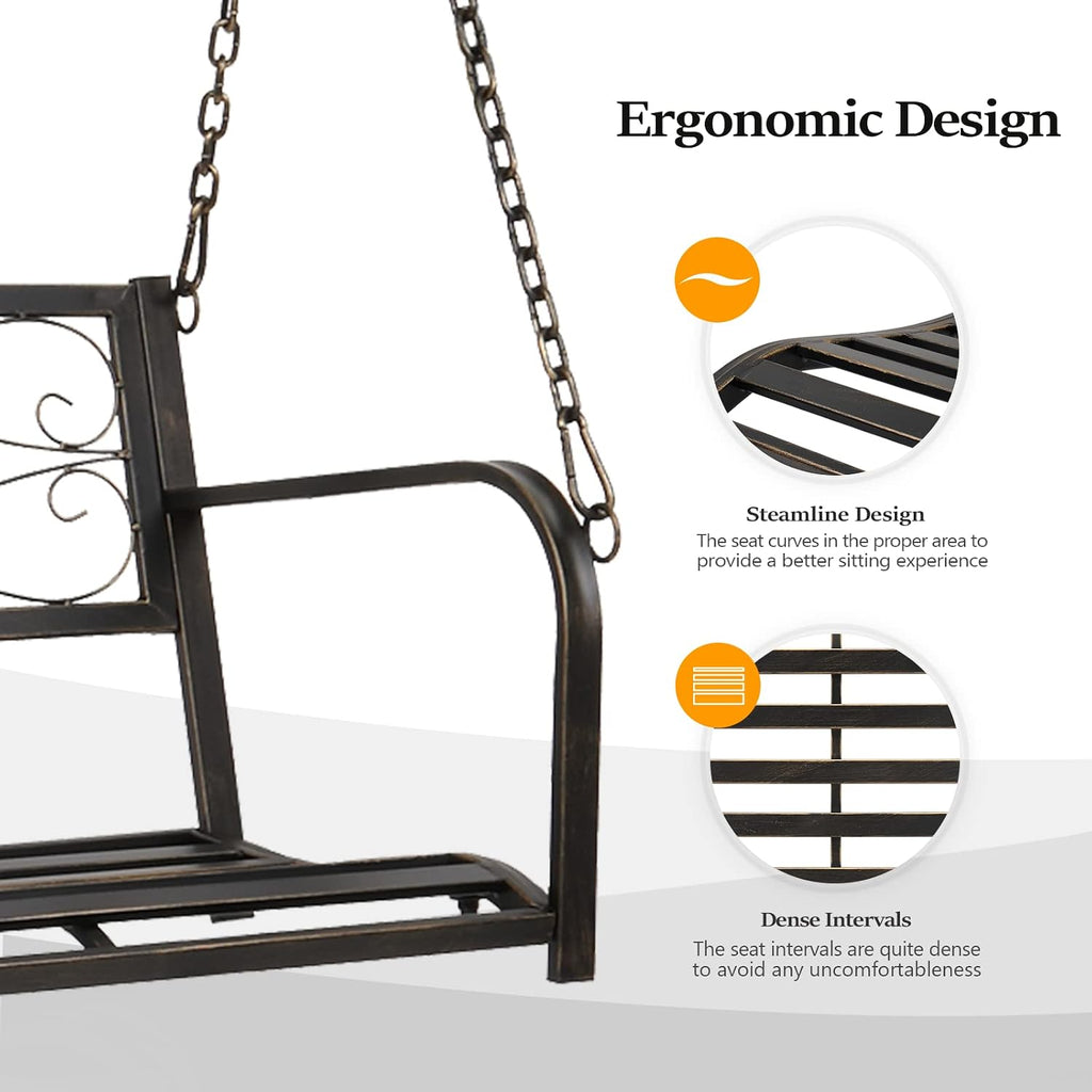 VINGLI Upgraded Metal Patio Porch Swing, 660 LBS Weight Capacity Steel Porch Swing Chair for Outdoors, Heavy Duty Swing Chair, Bench Swing for Gardens & Yards (Antique Bronze)