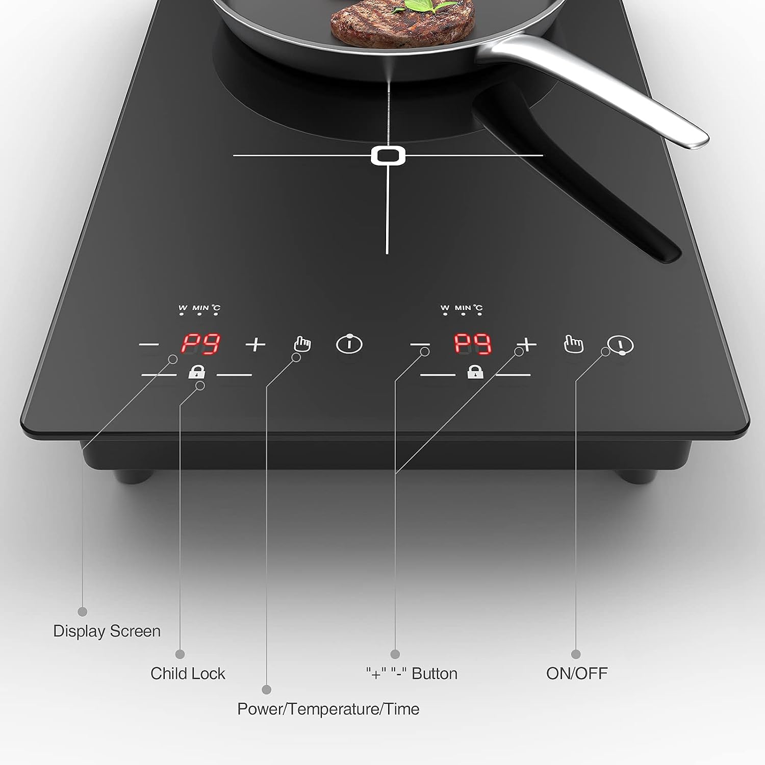 VBGK Double Induction Cooktop, 2300W 110V Portable Induction Cooktop with LED Touch Screen 9 Levels Settings,Electric cooktop with Child Safety Lock & Timer 2 burner