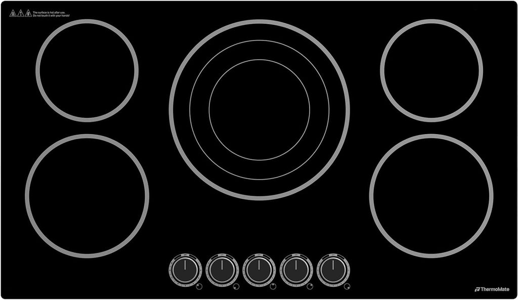 ThermoMate 36 Inch Electric Cooktop, 5 Burners Knob Control Built-in Ceramic Cooktop, 30' Radiant Electric Stove Top of 9000W with 9 Heat Levels, Hot Surface Indicator, 220-240v, Hard Wired