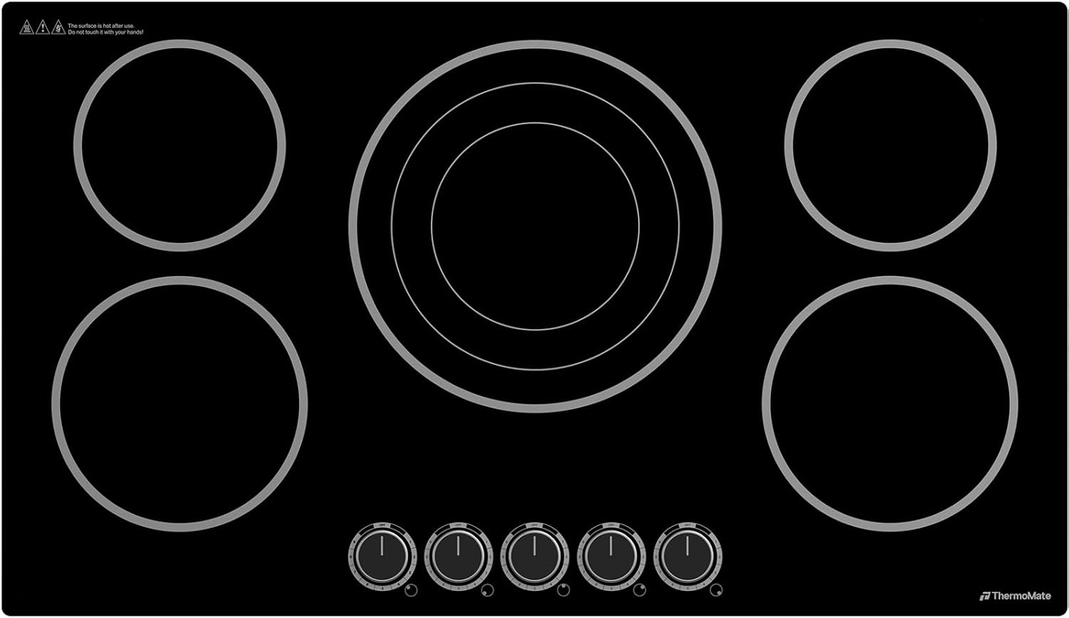 ThermoMate 36 Inch Electric Cooktop, 5 Burners Knob Control Built-in Ceramic Cooktop, 30' Radiant Electric Stove Top of 9000W with 9 Heat Levels, Hot Surface Indicator, 220-240v, Hard Wired
