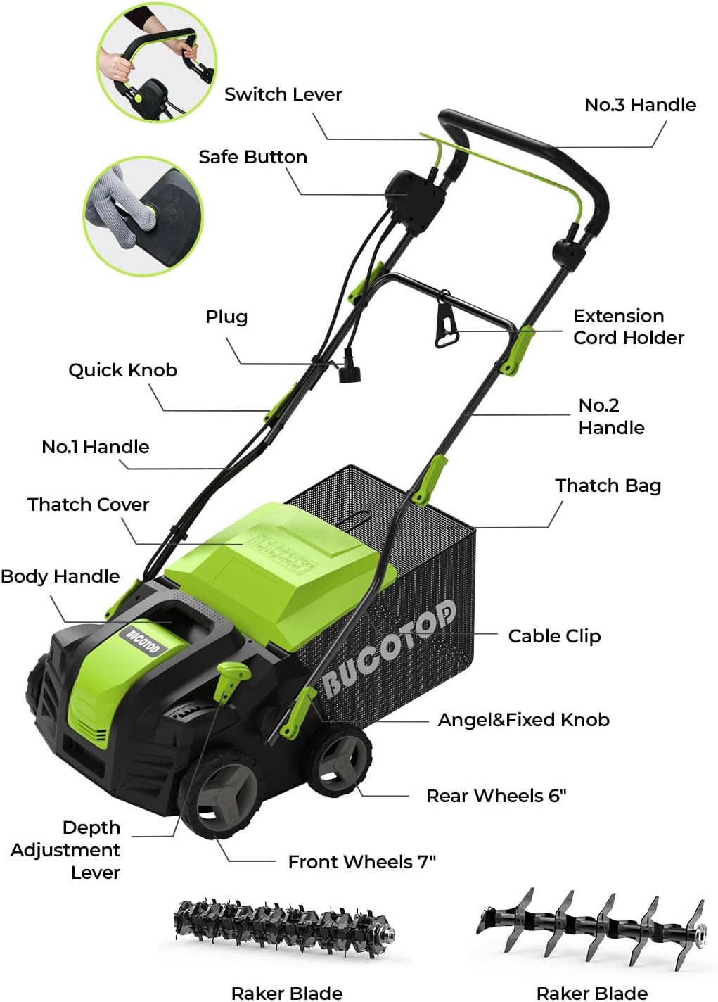 2-in-1 Dethatcher & 16-Inch Scarifier Electric Corded, 15 Amp Copper Motor, Electric Lawn Dethatcher with 5-Position Depth Adjustment, 14.5 gal Thatch Bag,Walk Behind for Yard Lawn Garden Care