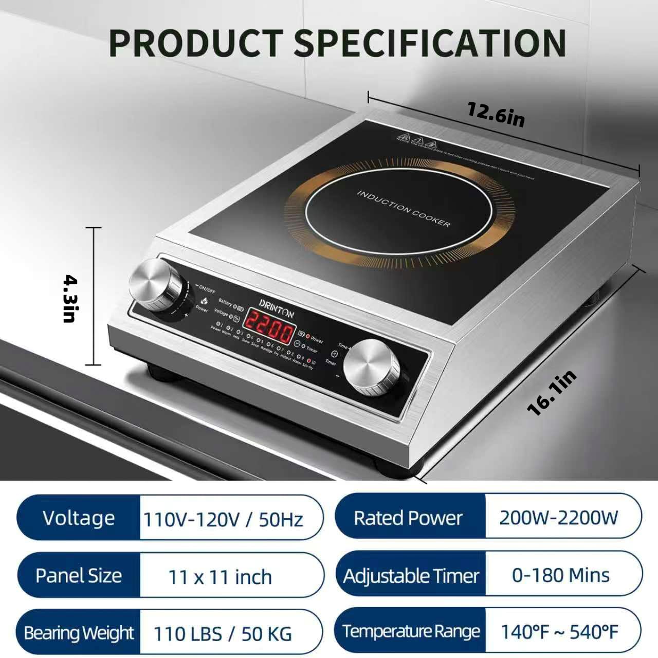 Induction Cooker, 2200W Commercial Induction Cooktop, Large Countertop Burner with 10 Cooking Functions & Dual IGBT for Safe Use, Portable Stainless Steel Hot Plate with 3 Hours Timer, 120V