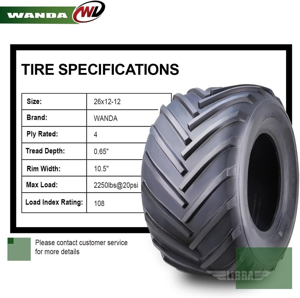 WANDA 26X12-12 Lawn Mower Agriculture Farm Tractor Cart Turf Tires 4 Ply 26x12x12 -Set 2-13215