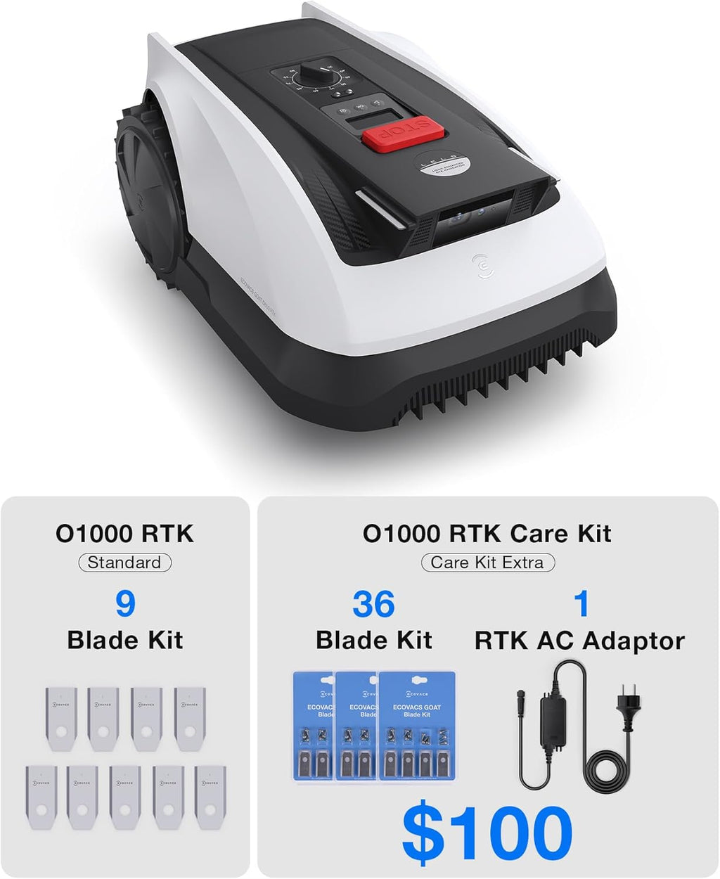ECOVACS Goat O1000 RTK Care Robotic Lawn Mower with RTK Precision Navigation, No Perimeter Wire, Smart App Control, Auto Mapping, Multi-Zone Management – Includes 36 Extra Blades