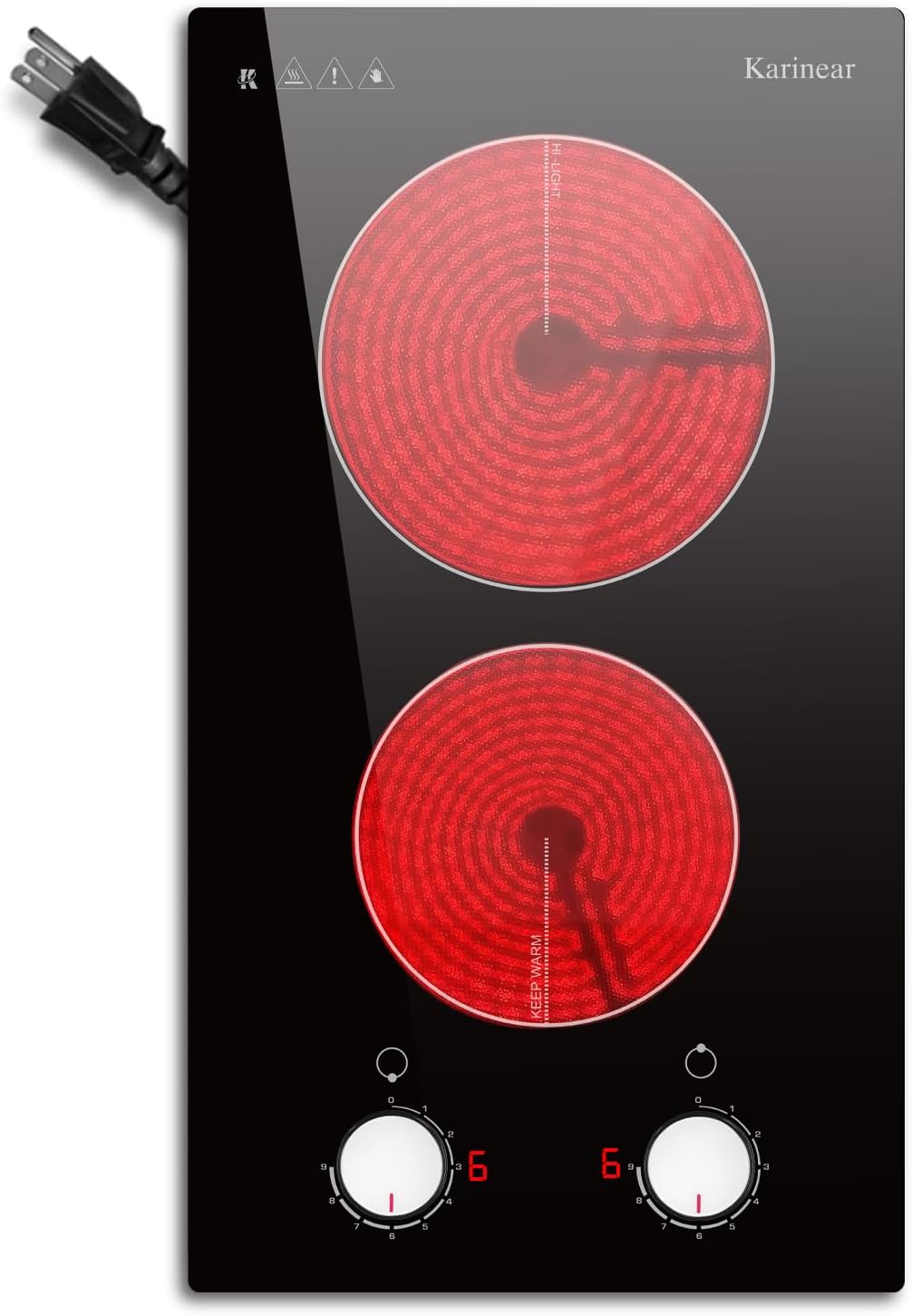 Karinear 110V Electric Cooktop 2 Burners Electric Stove 12 Inch Knob Control Countertop & Built-in Ceramic Cooktop, 9 Heating Level, Hot Warning, Over-Temperature Protection(White Knob)
