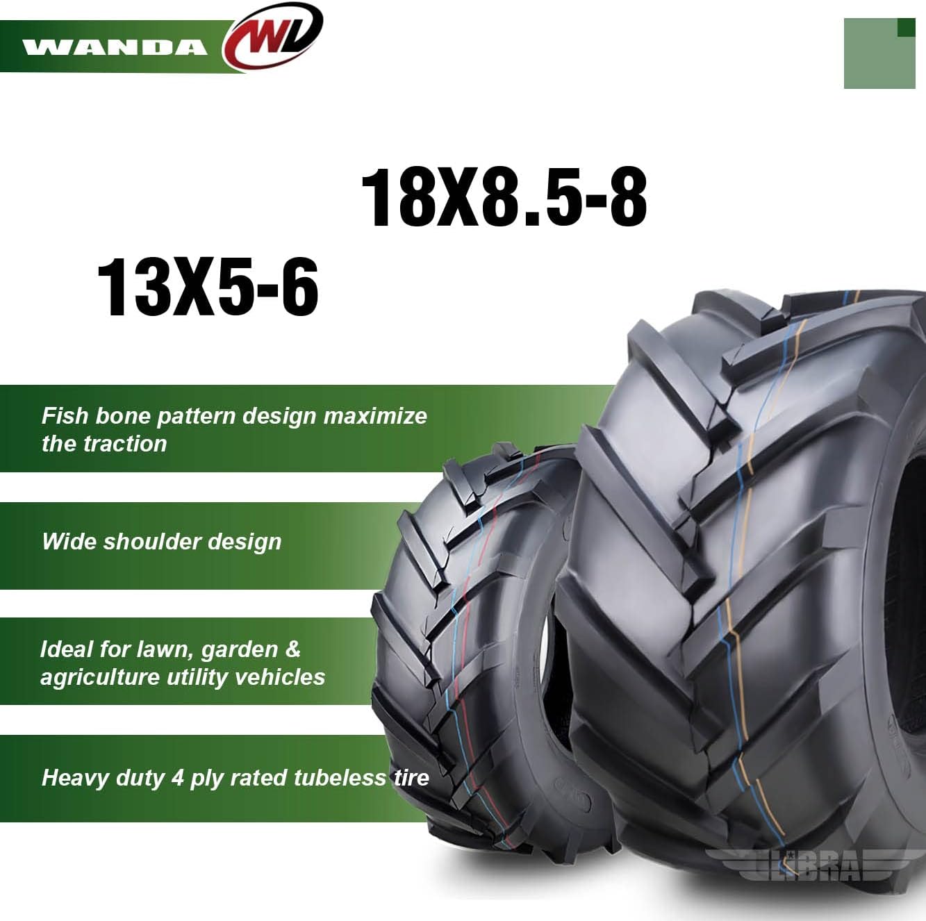 WANDA Set 4 13X5-6 & 18X8.5-8 Lawn Mower Agriculture Farm Tractor Tires Super Lug 4 Ply-13077/13079