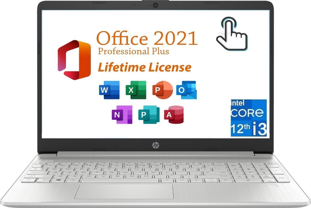 HP Business Laptop - 15.6' Touchscreen Display, Intel Core i3-1215U, 16GB RAM, 512GB SSD, Intel UHD Graphics, WiFi, Bluetooth, Long Battery Life, Win 11 Pro, Lifetime Office 2021 License&Mouse