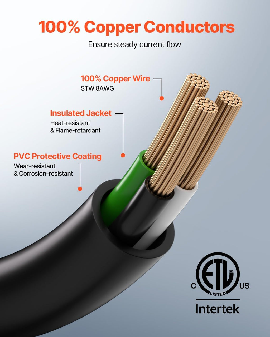 VEVOR 40-Amp Generator Extension Cord 50FT, 8AWG 7500W Heavy Duty Power Cord, NEMA 6-50P to 6-50R STW Welder Cord, ETL Listed for Generator & Welder with Storage Bag