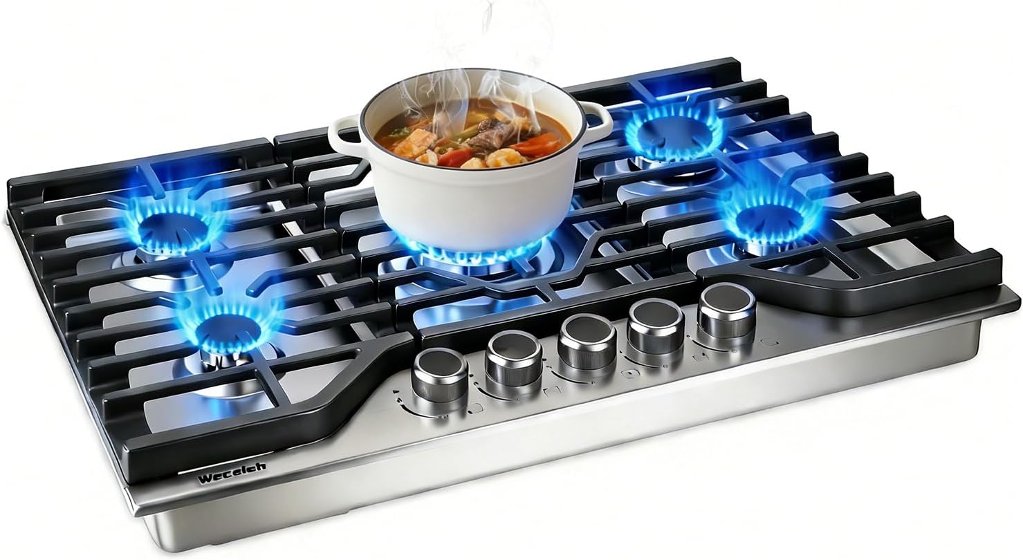 30 Inch Gas Cooktop, Built-in Propane Cooktop with 5 Italy SABAF Sealed Burners, 304 Stainless Steel, Heavy-Duty Cast Iron Grates, NG/LPG Convertible, Ion Ignition, ETL Listed