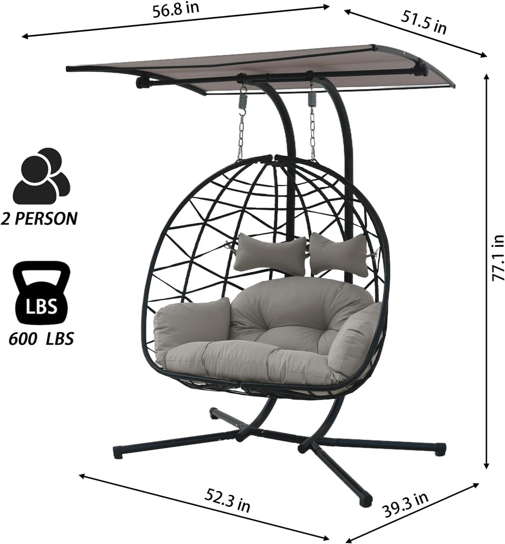 2 Person Hanging Egg Chair with Canopy, Outdoor Rattan Swing Hammock Basket Chair with Soft Cushion, Wicker Egg Chair for Outdoor Patio, Balcony, Garden (Grey)