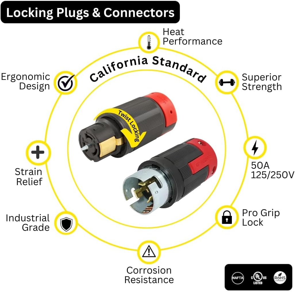 Spider Box Twist-Lock Generator Power Extension Cord, 50 Amp, 125/250V, SOOW Cable Type, Gauge 6/4, Professional-Grade California Standard Locking Extensions, 150' Long, Black