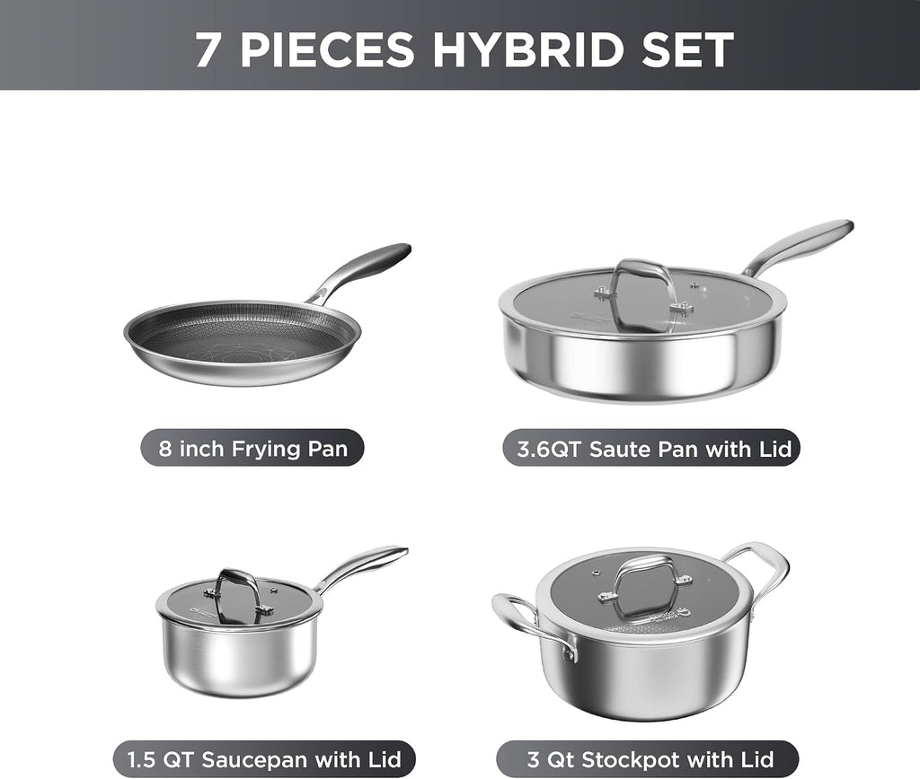 COOKER KING 7 PCS Stainless Steel Cookware Set, Pots and Pans Set Non Stick, Hybrid Cookware,Non-Stick Frying Pan, Saucepan, Saute Pan & Stockpot, Non-Toxic, Oven Safe, Induction Compatible