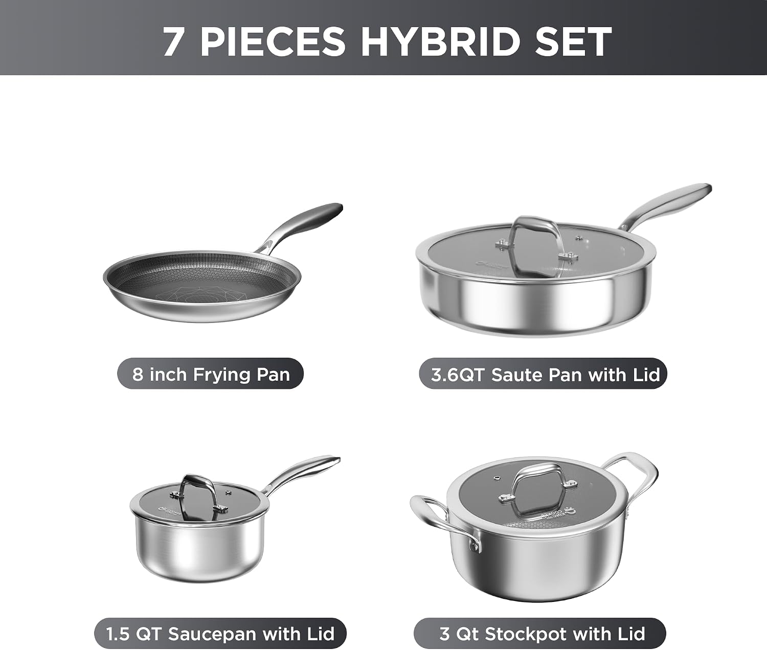 COOKER KING 7 PCS Stainless Steel Cookware Set, Pots and Pans Set Non Stick, Hybrid Cookware,Non-Stick Frying Pan, Saucepan, Saute Pan & Stockpot, Non-Toxic, Oven Safe, Induction Compatible