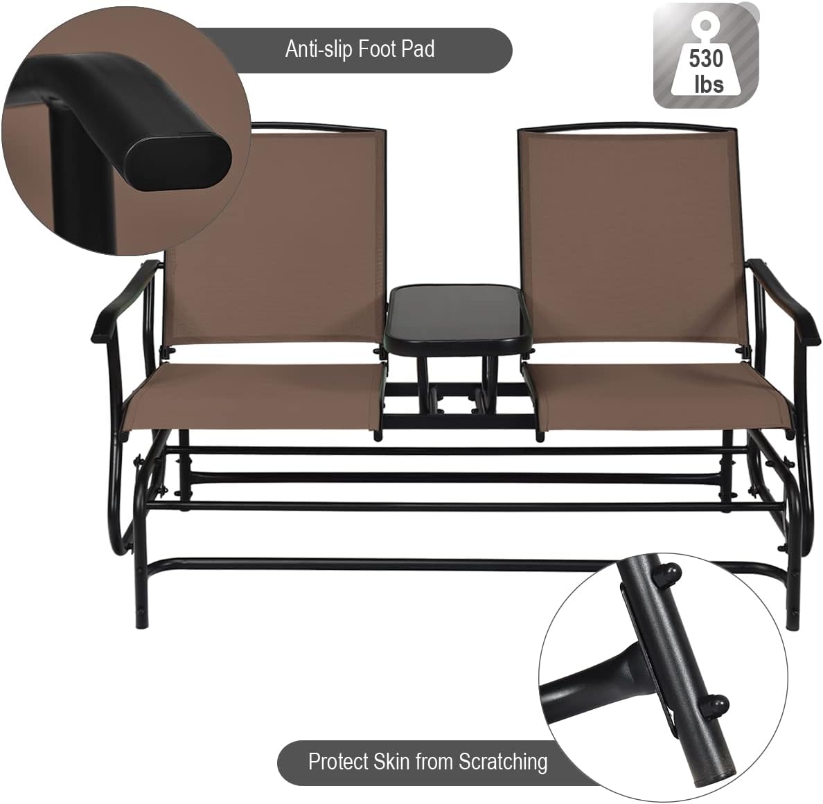 Giantex Patio Bench Glider Chair with Metal Frame, Center Tempered Glass Table, Outside Double Rocking Swing Loveseat for Porch, Garden, Poolside, Balcony, Lawn Rocker Outdoor Glider Bench(Brown)