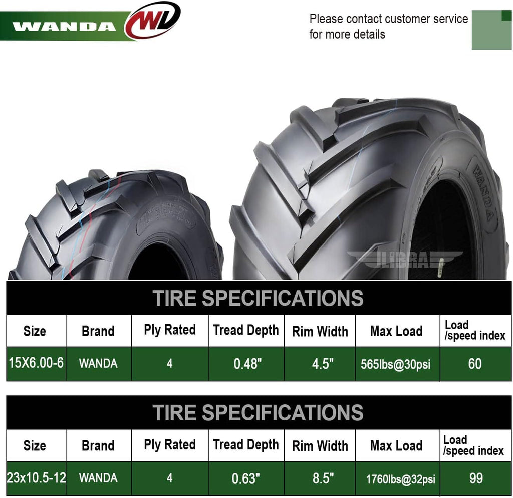 WANDA Set 4 15X6-6 & 23X10.5-12 Lawn Mower Agriculture Farm Tractor Tires Super Lug 4 Ply-13078/13075