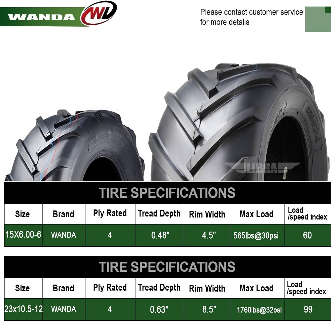 WANDA Set 4 15X6-6 & 23X10.5-12 Lawn Mower Agriculture Farm Tractor Tires Super Lug 4 Ply-13078/13075