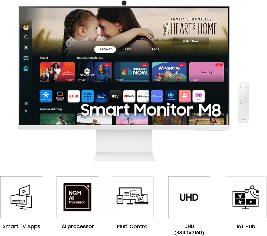 Samsung 32-Inch M8 (M80D) 4K UHD Smart Monitor with Streaming TV, Speakers, HDR10+, AI Upscaling, Ergonomic Stand, Slimfit Camera, Gaming Hub, USB-C & DKZ USB Port Expander, (LS32DM801UNXZA)