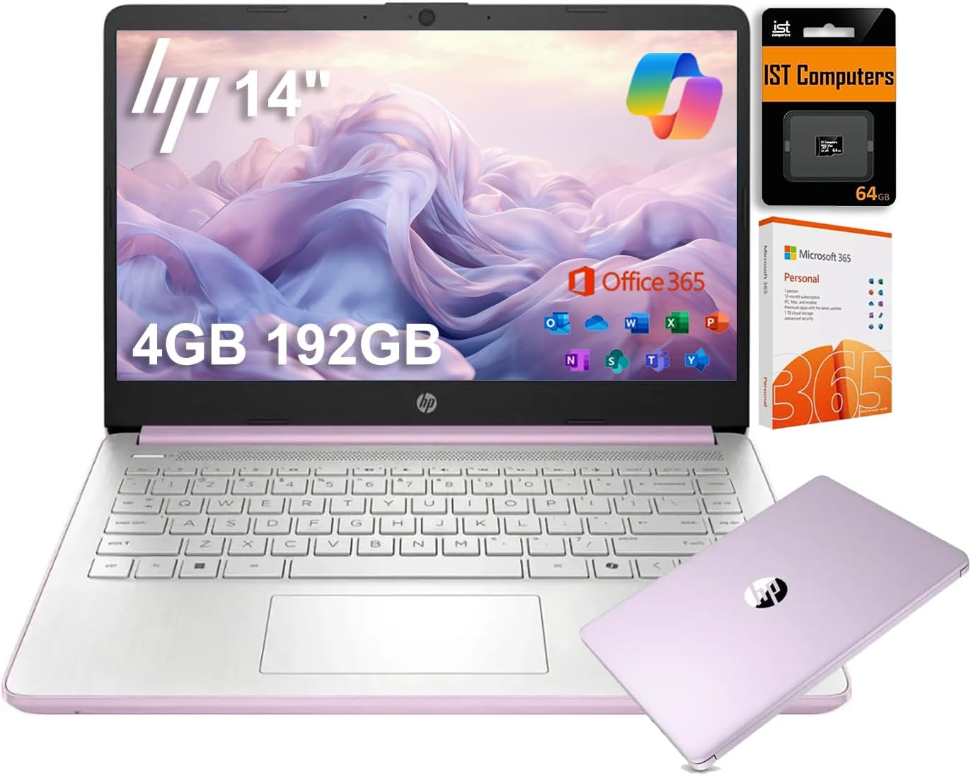 HP 14 Ultra-Light Laptop for Student & Home (14' LED, 1-Year Office 365, Intel 4-Core N150 (>N4120), 4GB RAM, 192GB Storage (128GB+64GB SD)), Long Battery Life, Fast Charge, Webcam, Win 11 S, Lavender