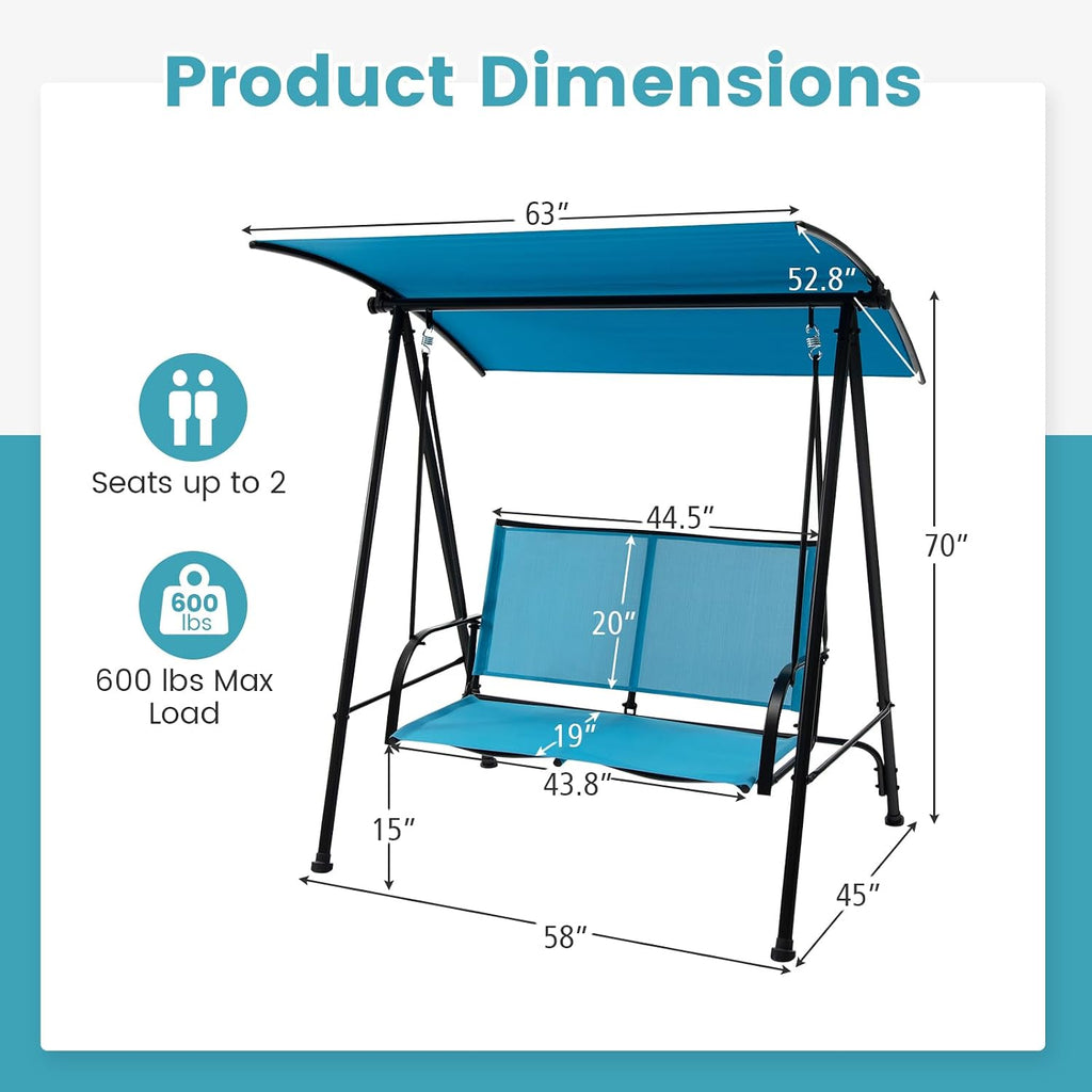 HAPPYGRILL Outdoor Patio Swing for 2 Person, Porch Swing Chair w/Adjustable Canopy, Heavy-Duty Metal Frame, Breathable Seat Fabric, Patio Loveseat Swing for Backyard, Balcony, Poolside