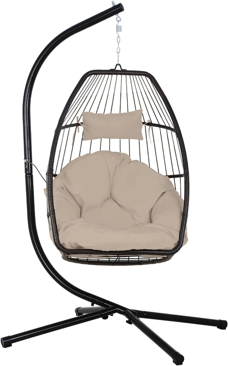 BestOffice Egg Chair Indoor Outdoor with Stand Swing Hanging Rattan Patio Basket Chair with Soft Cloud Polyester Cushion Adjustable Headset for Bedroom Outdoor Garden Swimming Pool Porch, Tan