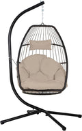 BestOffice Egg Chair Indoor Outdoor with Stand Swing Hanging Rattan Patio Basket Chair with Soft Cloud Polyester Cushion Adjustable Headset for Bedroom Outdoor Garden Swimming Pool Porch, Tan
