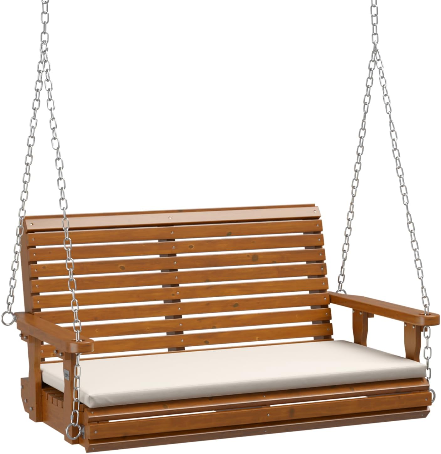 VINGLI Outdoor 4 FT Porch Swing, Heavy Duty 880 LBS Wooden Patio Swings with Cushions, Farmhouse Style Hanging Bench with Adjustable Chains for Yard | Garden | Lawn | Balcony, Brown