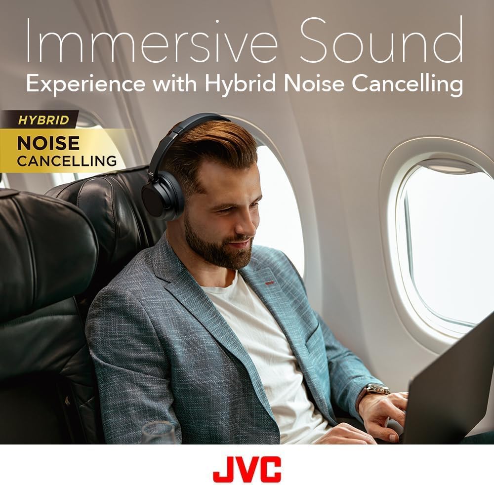 JVC Hybrid Noise Cancelling Wireless Headphones - Best Sound Blocking, Over Ear Design - Bluetooth 5.3 - Dual Mic - 50HR Battery - Detachable Cable - Voice Assistance - Long-Wear Comfort - HAS95N