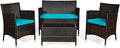 Goplus 4-Piece Rattan Patio Set, Outdoor/Indoor Wicker Conversation Set for Pool, Backyard, Lawn, Wicker Chairs and Sofa with Soft Cushion, Rattan Furniture with Tempered Glass Coffee Table