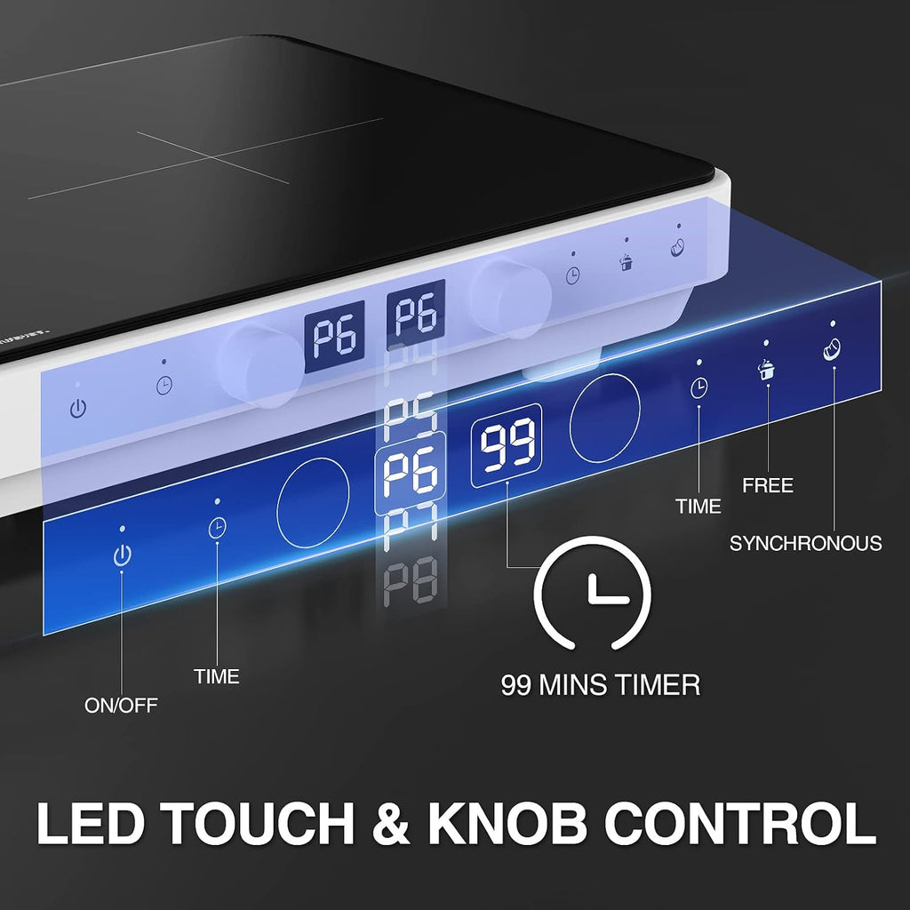 Induction Cooktop 2 Burners with Removable Cast Iron Griddle Pan Non-stick, 1800W Sensor Touch 9 Power Levels, 99 Min Timer, Suitable for Kitchen,Great for Family Party