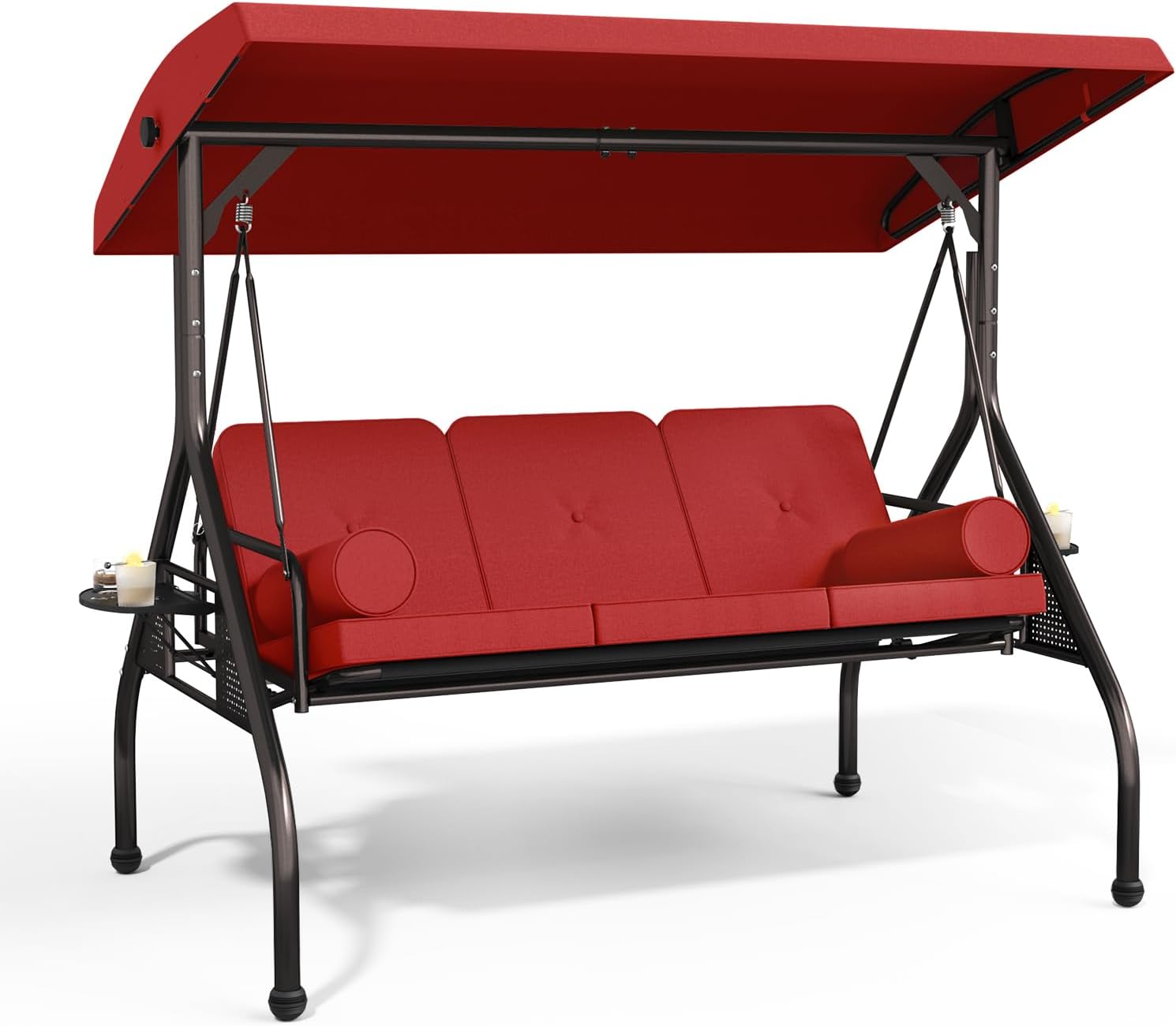 Betterland 3-Seat Patio Swing Chair, Outdoor Porch Swing with Pillows, Cushions & Cup Holders, Adjustable Canopy Outside Bench Swing for Backyard, Porch, Garden(Red)