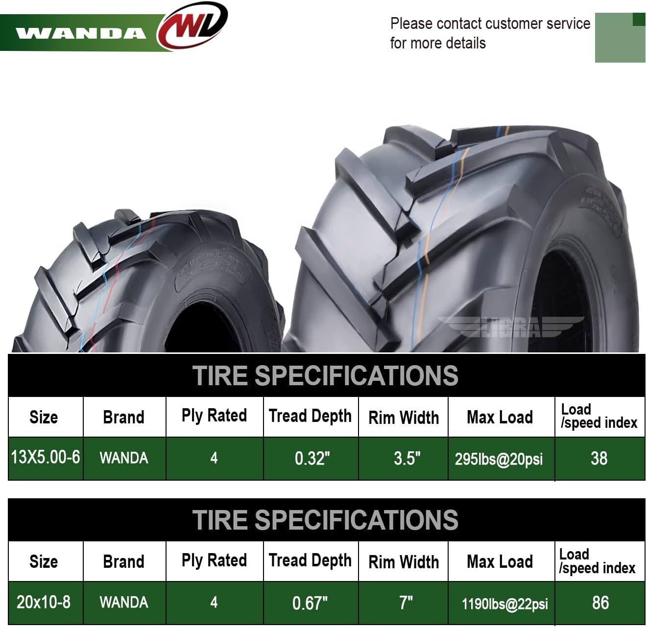 WANDA Set 4 13X5-6 & 20X10-8 Lawn Mower Agriculture Farm Tractor Tires Super Lug 4 Ply-13077/13071