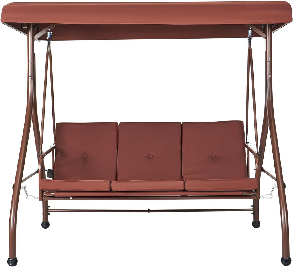 VEVOR 3-Seat Patio Swing Chair, Converting Canopy Swing, Outdoor Patio Porch with Adjustable Canopy, Removable Thick Cushion and Alloy Steel Frame, for Balcony, Backyard, Poolside, Brown
