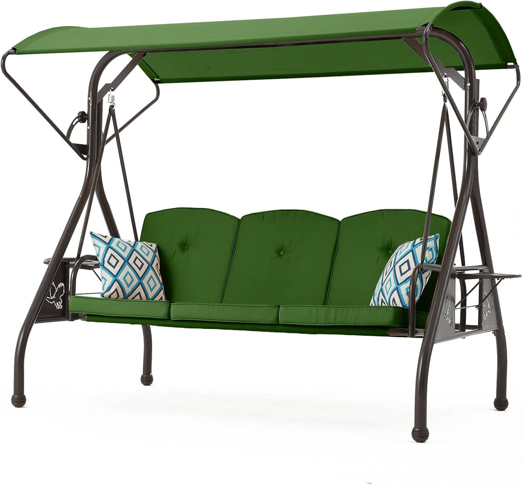 ZZW 800LBS Patio Swing with Canopy 3 Seat Outdoor Porch Swing with Stand w/Cup Holder & Pillow Glider Chair Swing Bed for Patio Backyard Poolside (Green)