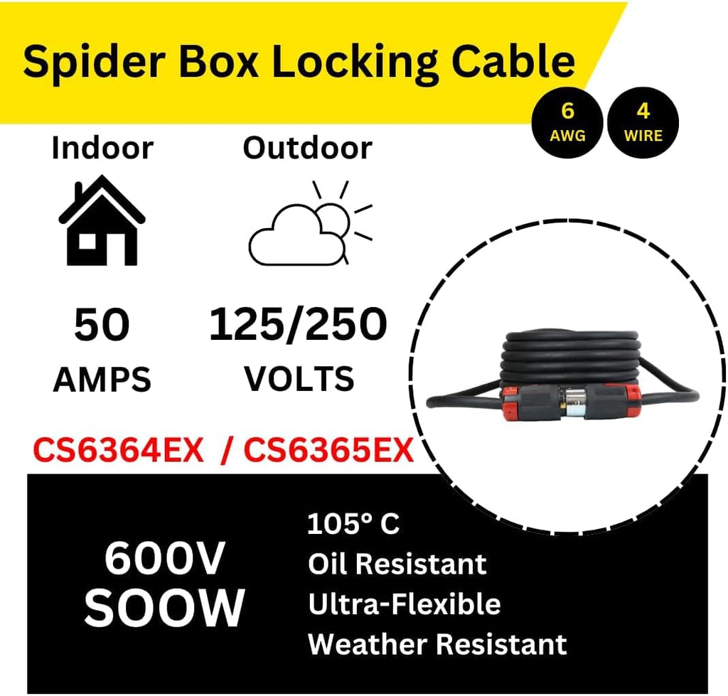 Spider Box Twist-Lock Generator Power Extension Cord, 50 Amp, 125/250V, SOOW Cable Type, Gauge 6/4, Professional-Grade California Standard Locking Extensions, 150' Long, Black