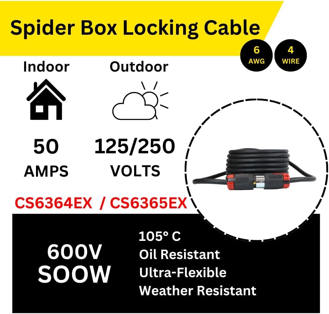 Spider Box Twist-Lock Generator Power Extension Cord, 50 Amp, 125/250V, SOOW Cable Type, Gauge 6/4, Professional-Grade California Standard Locking Extensions, 150' Long, Black