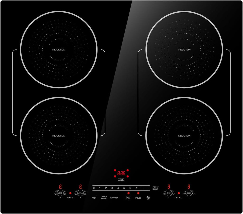 24 Inch Induction Cooktop 4 Burners, Flat Glass Top Electric Stove Hob with Bridge-SYNC, 3 Preset Modes Booster, Timer, Pause, Child Lock, Drop in, 208~240V/40A, Black