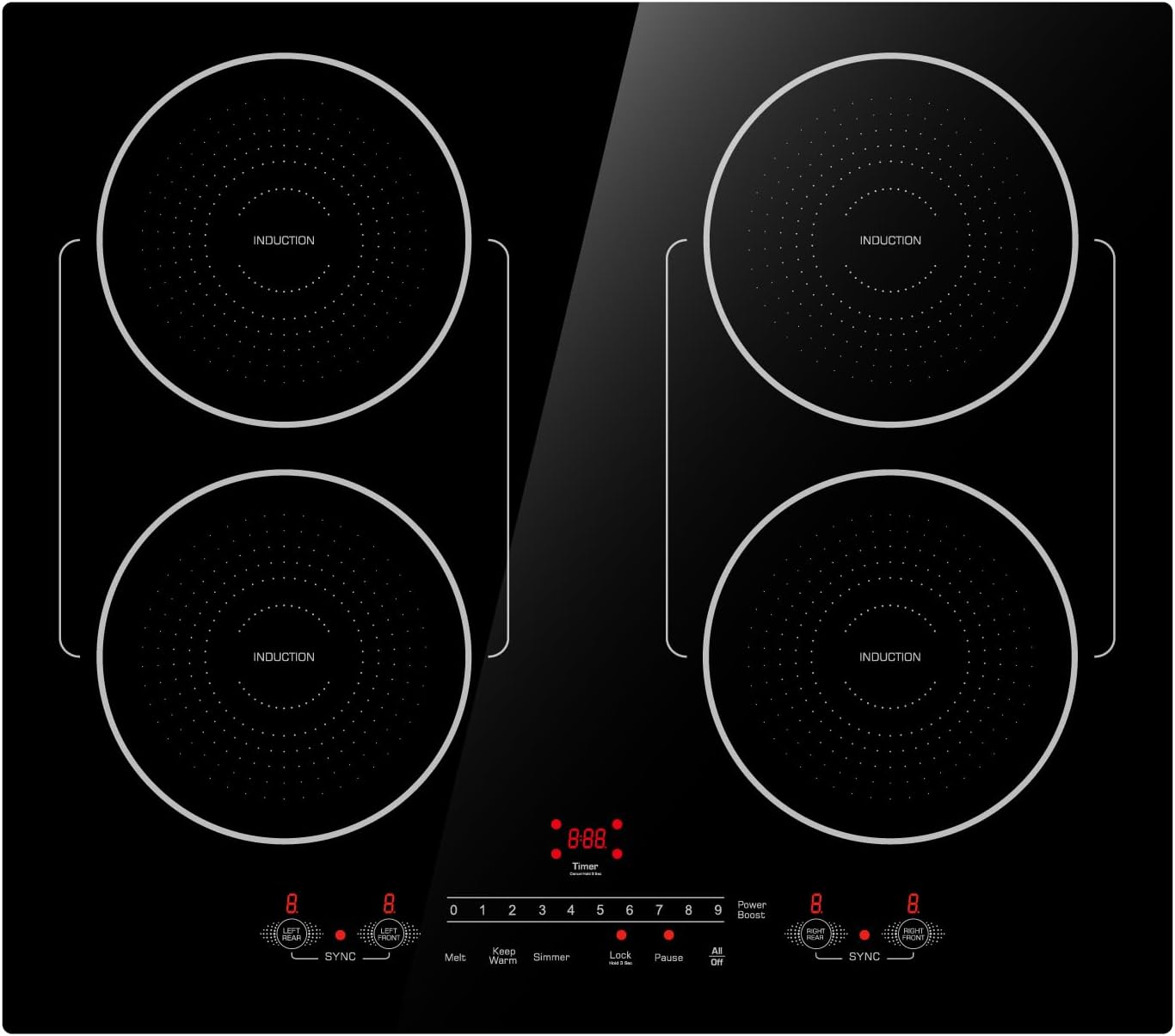 24 Inch Induction Cooktop 4 Burners, Flat Glass Top Electric Stove Hob with Bridge-SYNC, 3 Preset Modes Booster, Timer, Pause, Child Lock, Drop in, 208~240V/40A, Black