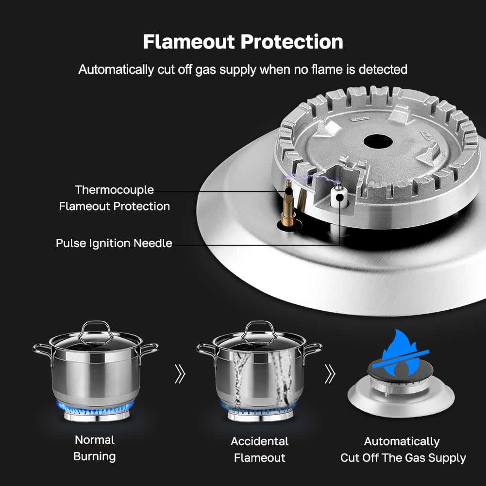 12 Inch Gas Cooktop, ThermoMate Heavy Built In Gas Rangetop with 2 High Efficiency SABAF Burners, NG/LPG Convertible 304 Stainless Steel Stove Top with Flame Out Protection, CSA Certified
