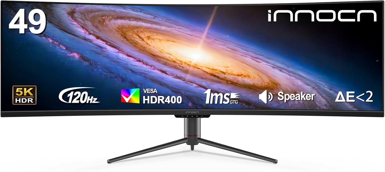 INNOCN 49' Curved Monitor Ultrawide Gaming 5K2K 120Hz 32:9 QHD 5120 x 1440P Computer Monitor, R1800, 99% sRGB, HDR400, USB Type C, DisplayPort, HDMI, Built-in Speakers, Height/Tilt Adjustable - 49C1R