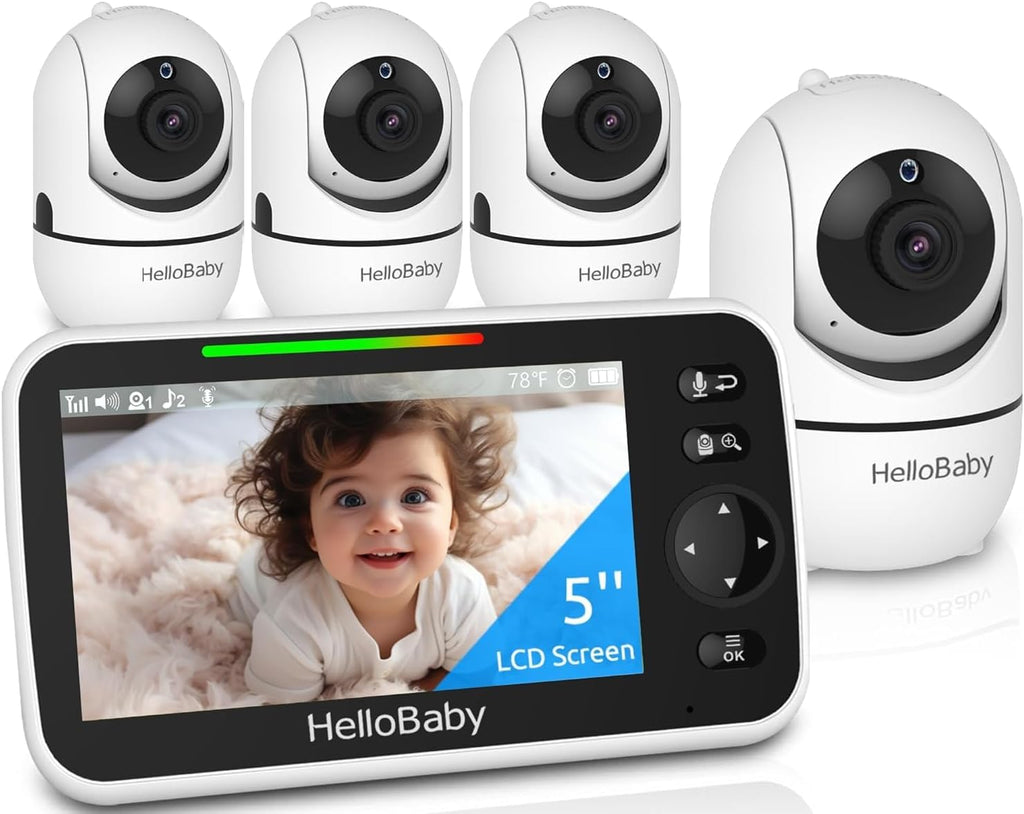 HelloBaby 5' Screen Baby Monitor with 4 Cameras - No WiFi HB6550 Video Baby Monitor, Pan-Tilt-Zoom, 26 Hour Battery, ECO, Night Vision, Temperature Sensor & 2-Way Audio, 8 Lullabies, 1000ft Long Range