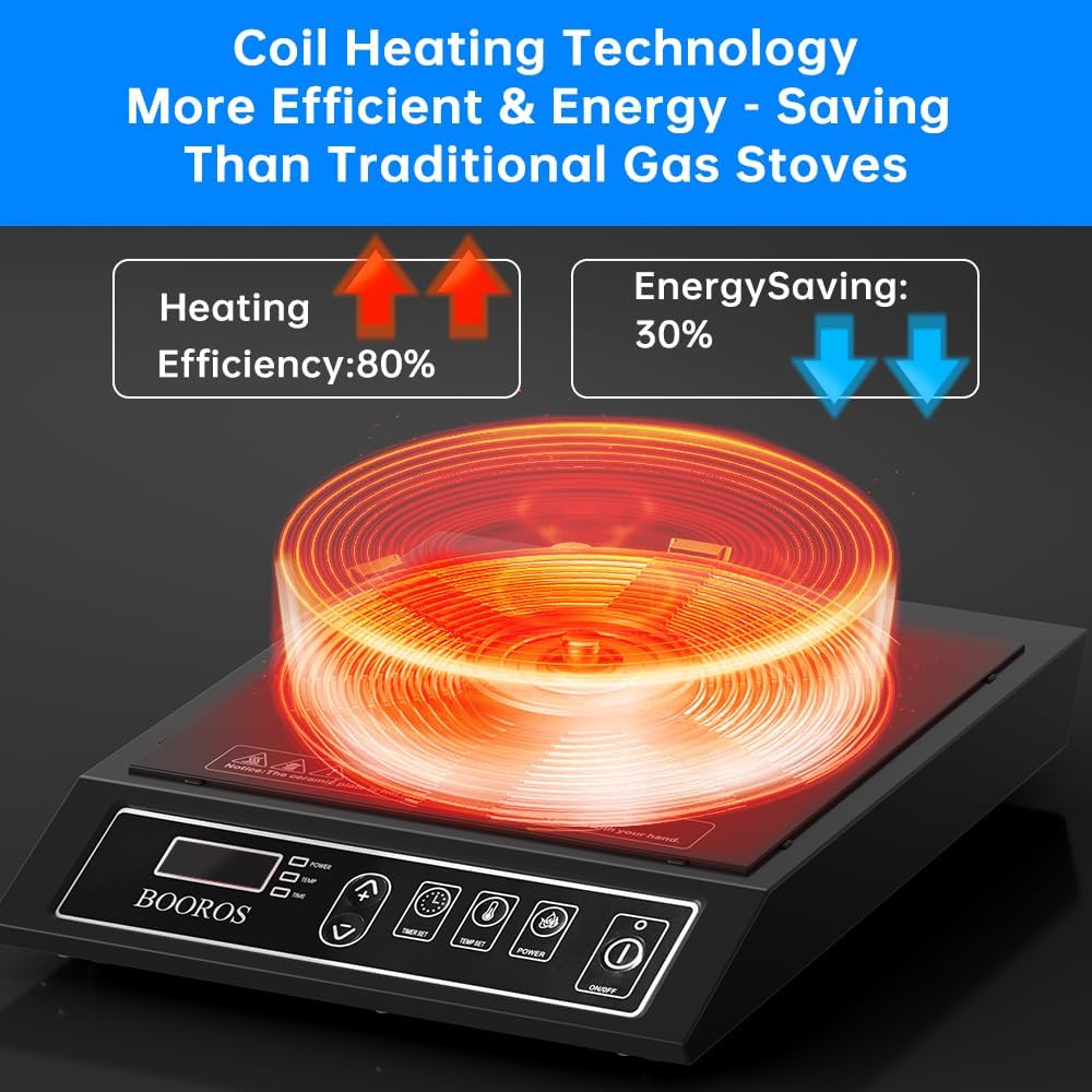 BOOROS Portable Induction Cooktop 1800W Induction Hot Plates for Countertop,8.66-Inch Dual Heating Coils,10 Temperature Levels 175-520°F (80-270°C),24-Hour Timer,Key Touch,Easy to Clean,Black,110V