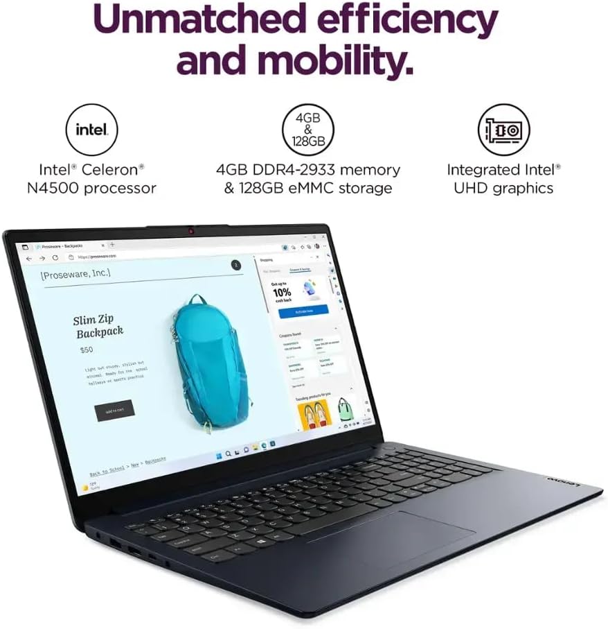 Lenovo Ideapad 1 15.6' HD Laptop, Intel Celeron N4500, 4GB DDR4, 128GB eMMC, W11HS, One-Year Microsoft Office 365, Abyss Blue, 82LX00D3US