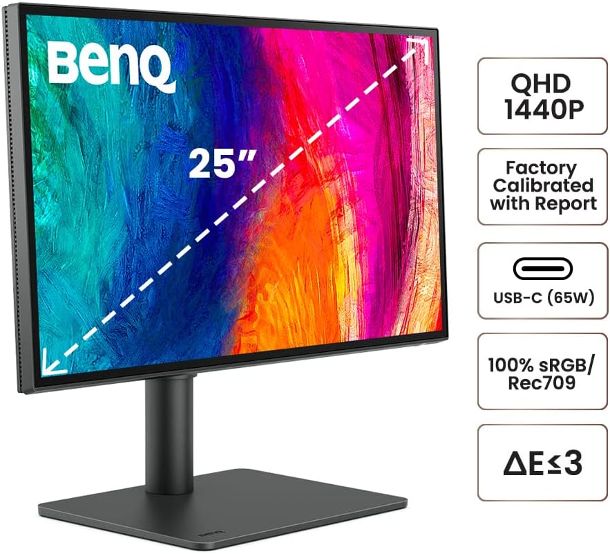 BenQ PD2506Q Mac-Ready AQCOLOR Monitor 25' QHD 1440p, 100% Rec.709 & sRGB,95% P3, IPS, DeltaE≤3, ICC Sync, Uniformity, AQCOLOR, Pantone, Ergonomic, DisplayPort, USB-C(65W), USB Hub, DaisyChain