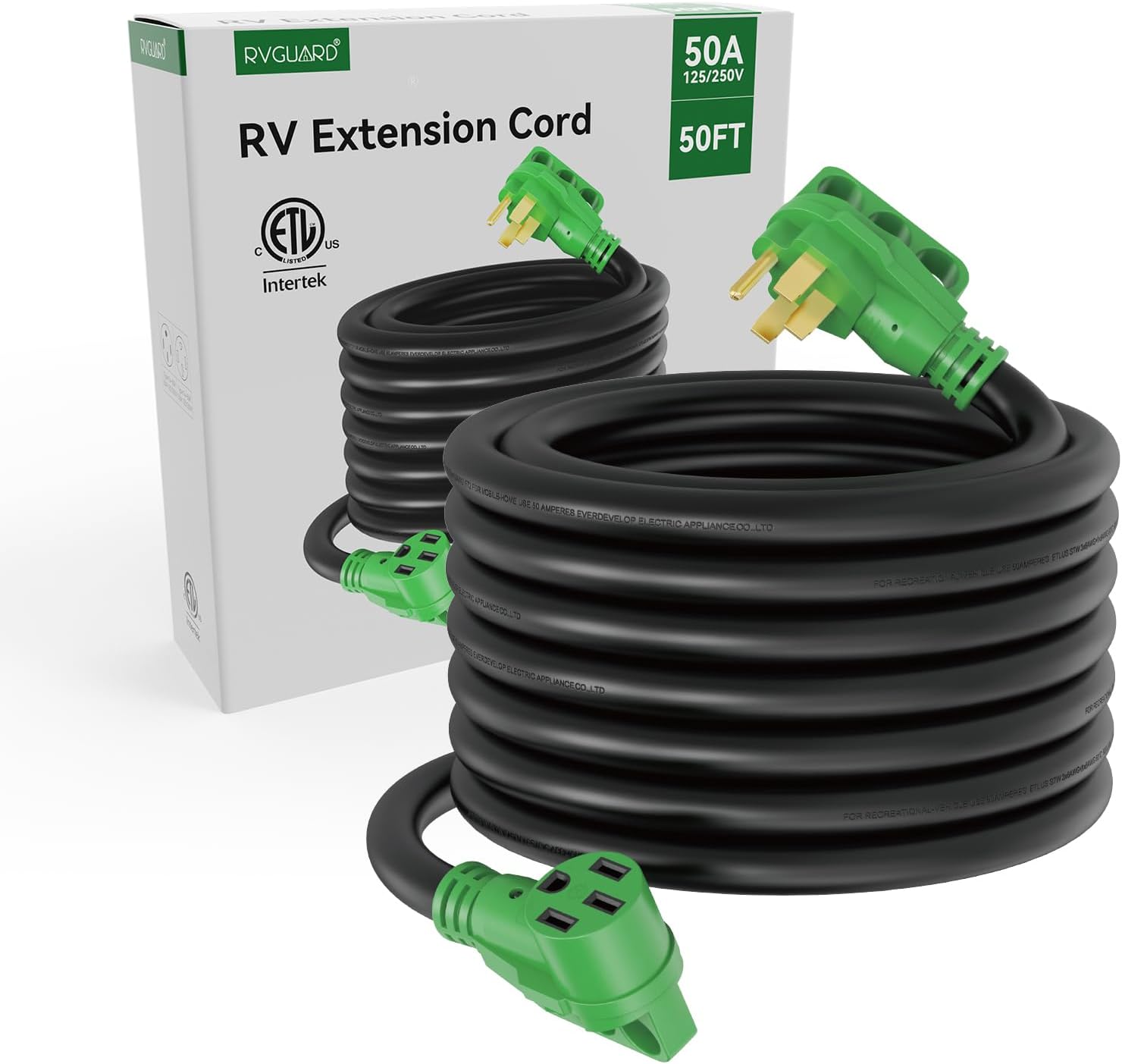 RVGUARD 50 Amp 50 Foot RV/EV Extension Cord, NEMA 14-50P/R Heavy Duty Extension Cord with LED Power Indicator and Cord Organizer, Green, ETL Listed