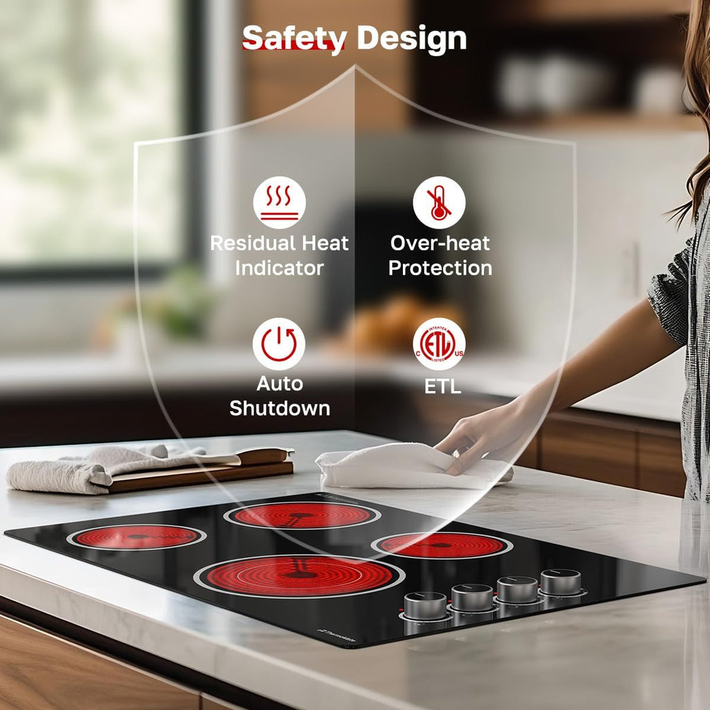 ThermoMate 30 Inch Electric Cooktop, 4 Burners Knob Control Built-in Ceramic Cooktop, 30' Radiant Electric Stove Top of 6700W with 9 Heat Levels, Hot Surface Indicator, 220-240v, Hard Wired