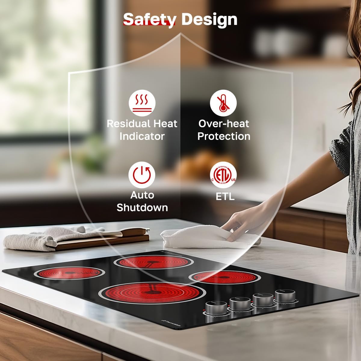 ThermoMate 30 Inch Electric Cooktop, 4 Burners Knob Control Built-in Ceramic Cooktop, 30' Radiant Electric Stove Top of 6700W with 9 Heat Levels, Hot Surface Indicator, 220-240v, Hard Wired