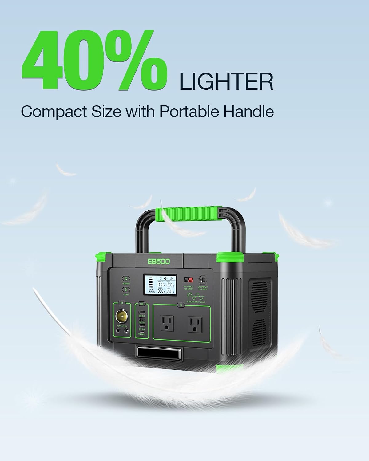 Portable Power Station 500W, 519Wh Solar Generator, 110V Pure Sine Wave AC Outlets, 60W USB-C PD, 10 Ports for Outdoor Camping RV Van, Home Backup Emergency Off-Grid Living,(1000W Peak) Dark Green