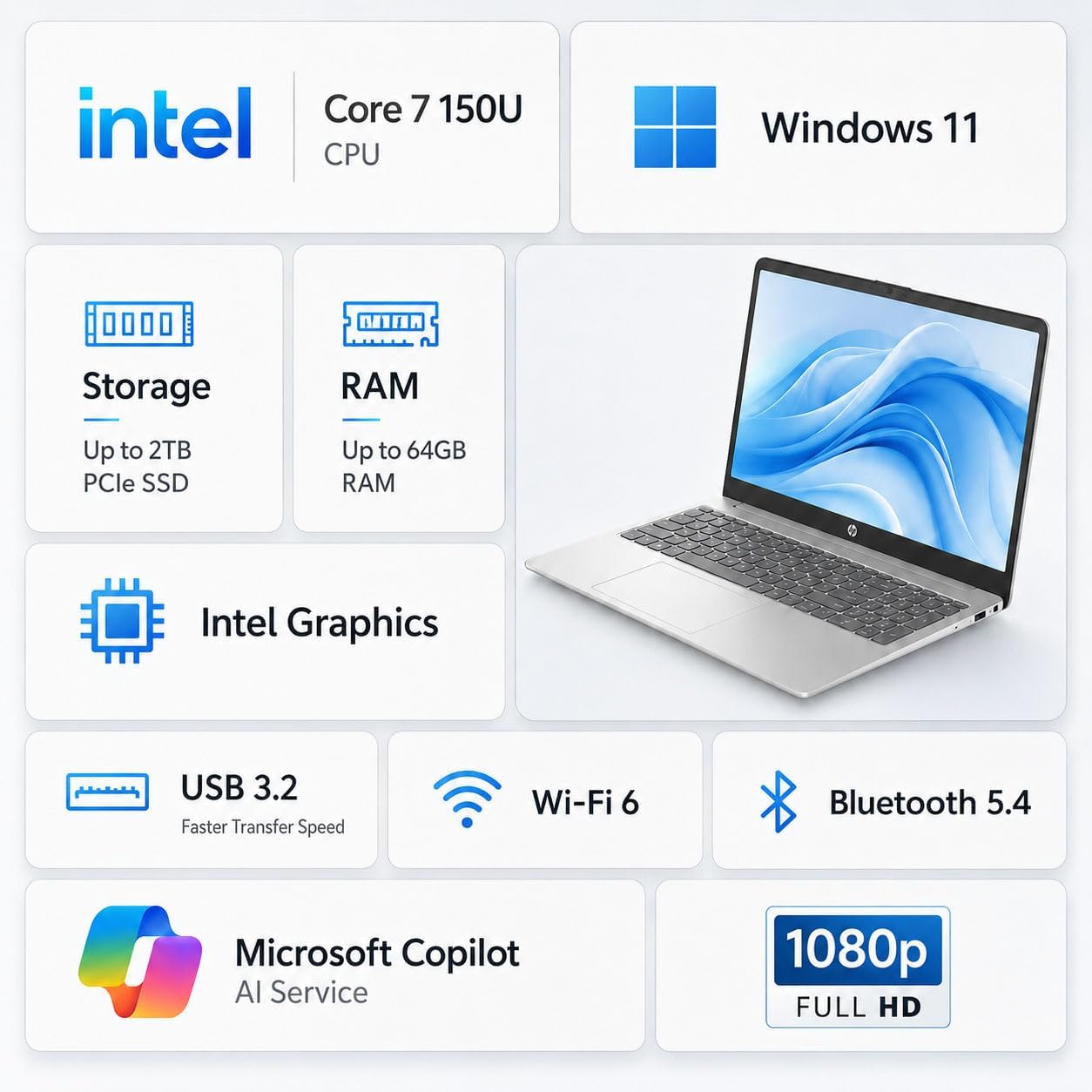 HP 2026 15.6' FHD Business & Academic Laptop • Intel Core 7 150U (10 cores, 5.4 GHz) • 16GB RAM • 256GB SSD • Copilot Key • Webcam • HDMI • Wi-Fi 6 • Windows 11 Home • Natural Silver • WOWPC USB