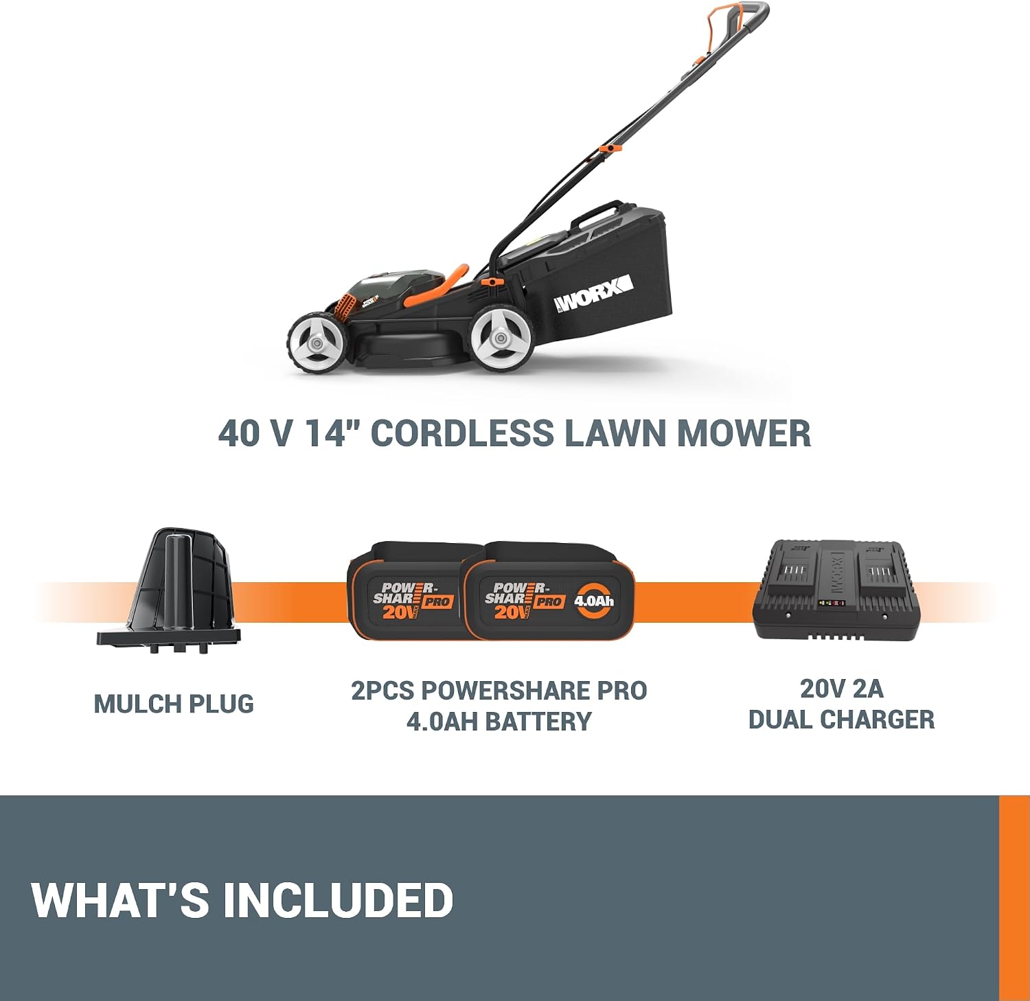 WORX 14' Cordless Lawn Mower, 2 in 1 Electric Mower Cuts Quietly, Compact & Lightweight Push Lawn Mower with 6-Position Height Adjustment for Small Yards, 2 Batteries & Charger Included, WG779